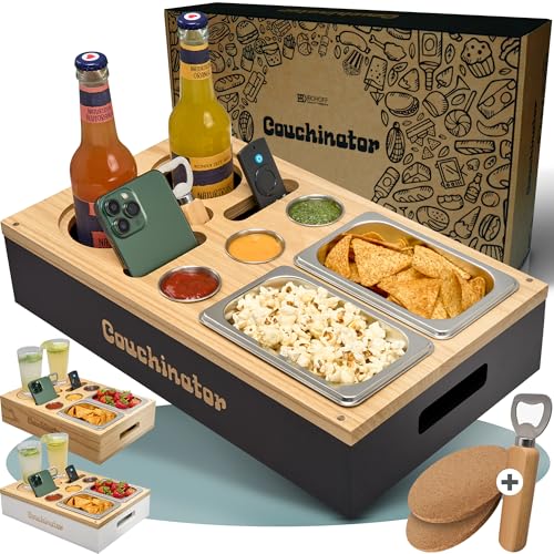 Premium Couchbar - Kiriholz - 3 Farben - 3 Dipschalen 2 Snackschalen 2 Untersetzer 1 Flaschenöffner, Snackbox Organizer Flaschenhalter - Sofa Butler Serviertablett (Schwarz mit Schriftzug)
