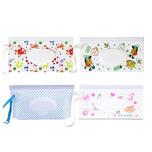 4 Pack Baby Wipes Dispenser, Wet Wipes Case Wipes Pouch, Refillable Baby Wipes Container Reusable Baby Wipe Holder for Baby Home Kitchen Office Travel (Blue+Black+Multicolor)