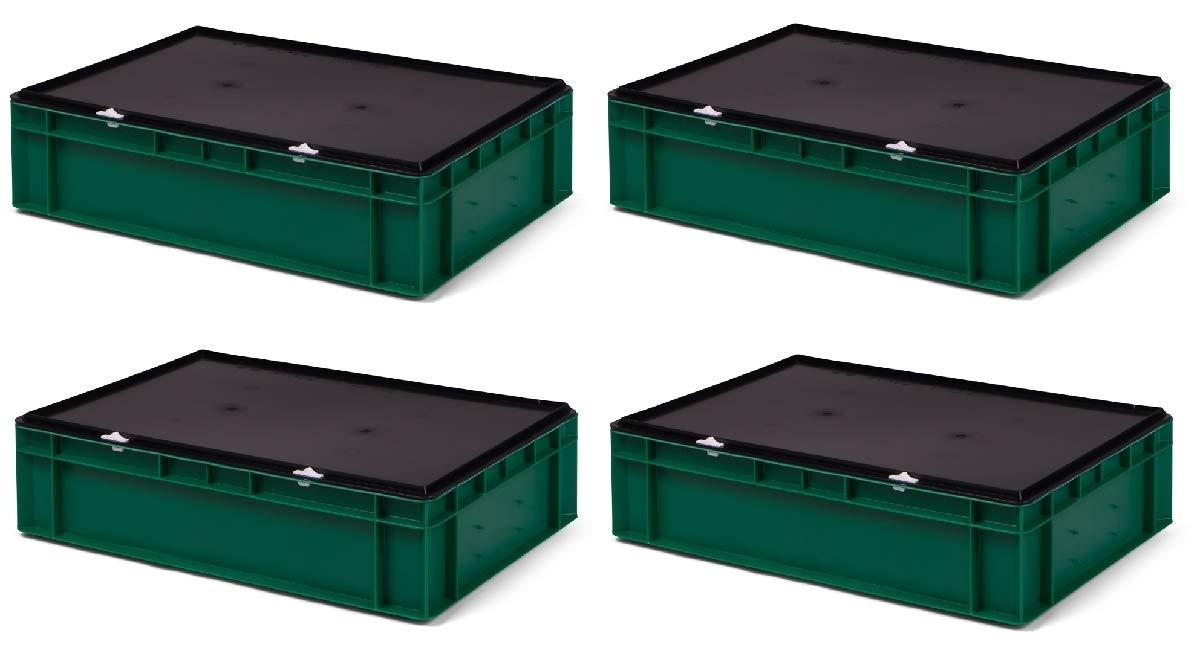 1a-TopStore Zestaw pudełek do układania w stos z pokrywą na zawiasach, w kolorze czarnym, różne rozmiary i kolory, 600 x 400 mm, 400 x 300 mm, 300 x 200 mm, 200 x 150 mm, Made in Germany (zielony, 600