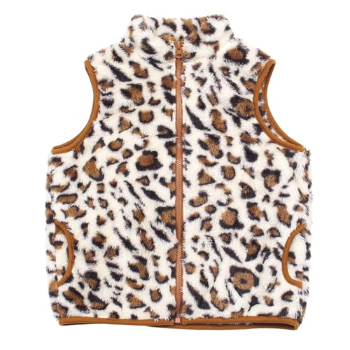 JESKIDS Girls' Boys Sherpa Fleece Vest Outwear Lightweight Solid Color Cute Jacket with Pockets 2-11 Years 3-4T Apricot Leopard Print
