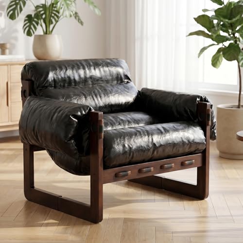 Modern Leather Accent Chair Mid Century Reading Chair with Solid Wood Frame and Removable Padded Armrests Upholstered Armchair with Soft Cushion for Bedroom Balcony Lounge Reading Room Retro Black