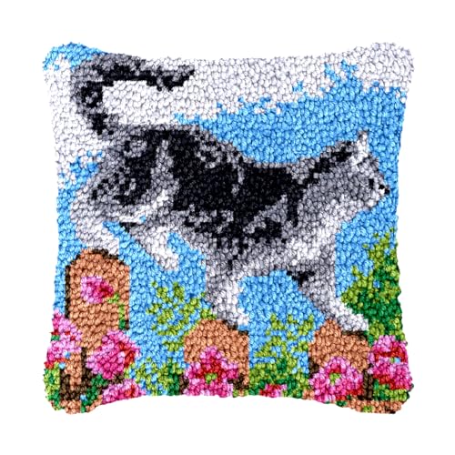Image of bositigo Cat Latch Hook Pillow Kit for Adults & Kids, DIY Pre-Printed Canvas Craft, 17x17 Inch Decorative Cover for Sofa Cushions, Bedroom Decor (Cat Pattern 27)