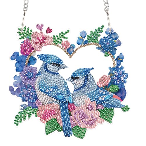 Image of AiYuanzsh Diamond Art Painting Ornament Flowers and Birds Blue Hanging Sign Set Diamond Art Hanging Wall Art DIY 5D Crystal Rhinestone Pendant Kits for Wall Door Window Decorations