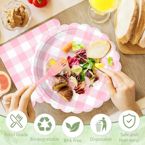 Image of 100 Pink Gingham Paper Plates&Napkins Disposable for Party, 25-9 inch&25-7 inch