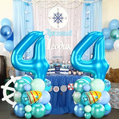 Image of 40 Inch Number 4 Balloon Blue Ocean Under the Sea Number Four Foil Balloons Tower with Shark Bubble Fish for Boys 4th Birthday Party Decor Blue Green Underwater Digital Aluminum Balloons Stack