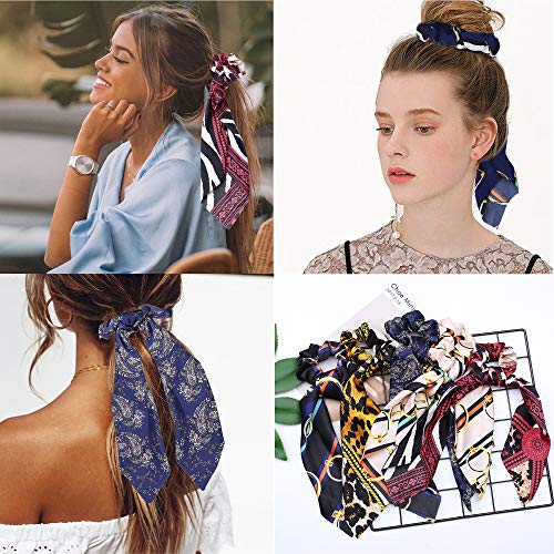 Milacolato 15 Pcs Hair Scarves Hair Ties Scrunchies Chiffon Floral Scrunchie Hair Bow Ties Ponytail Holder Scrunchy 2 in 1 Vintage Accessories for Women