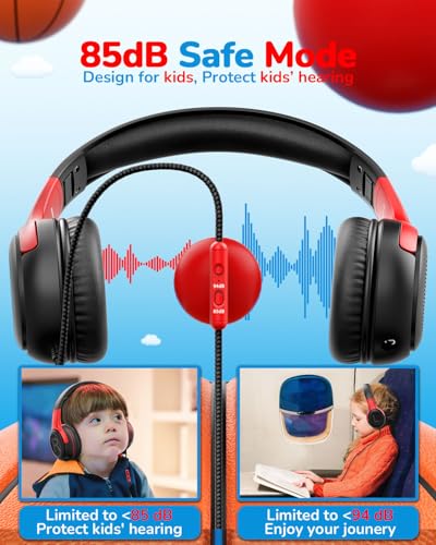 Image of awatrue Kids Headphones for School Travel, 85 /94dB Safe Volume Limit, 3.5mm Jack, HD Mic, Portable Wired Headphone with Shareport, Stereo Sound On-Ear Headphones for Toddler Kids Girls Boys BlackRed