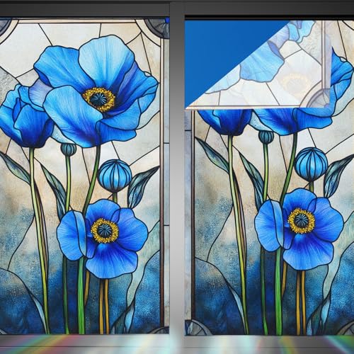 Image of Nuxovilar Gothic Rainbow Blue Flowers Window Film 17.5x39.3 in PVC