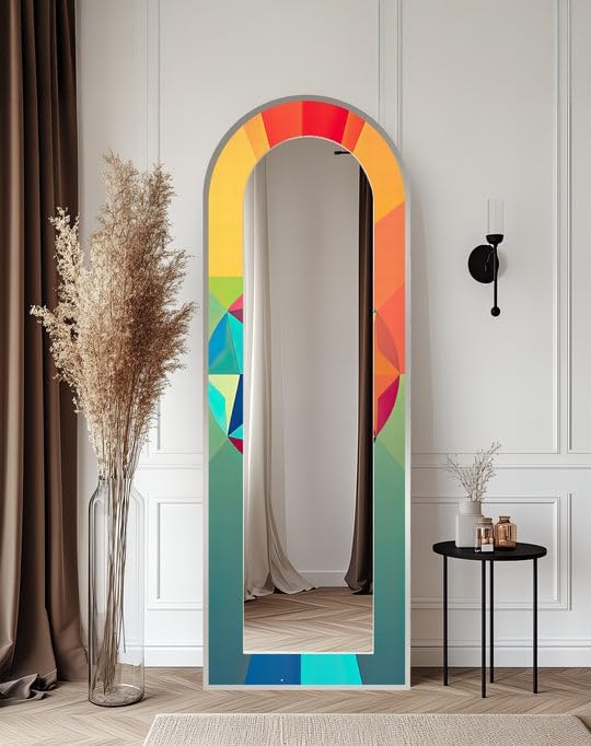 23,5’’W x 67’’H Multicolor Geometric Arch - Full Lenght Floor Mirror Arched Full Lenght Mirror - Arch Full Body Stained Floor Mirror with Black Frame with Silver Frame