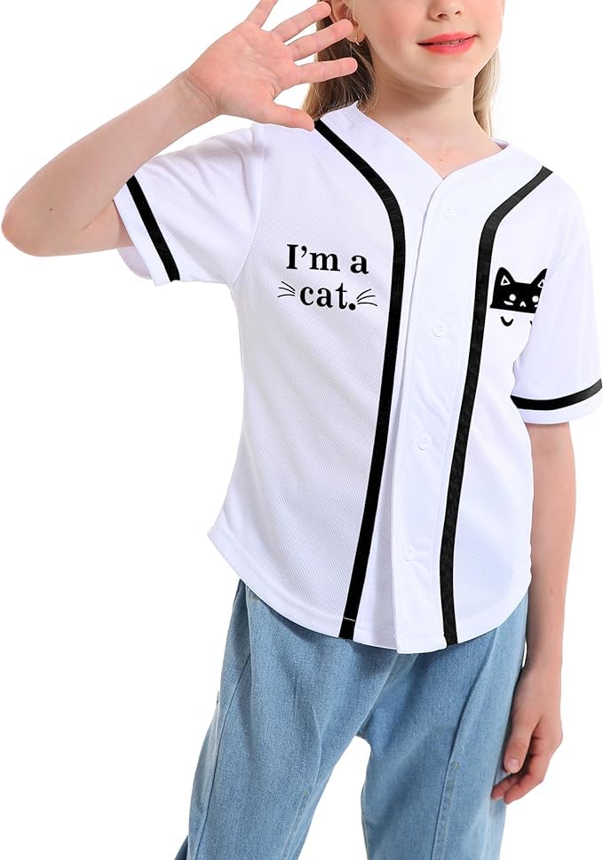 Image of Kids Baseball Jersey Toddler Cute Cat Print T-Shirt Girls Casual Personalized Button Down Baseball Shirt Birthday Gift (White B,2 Years)
