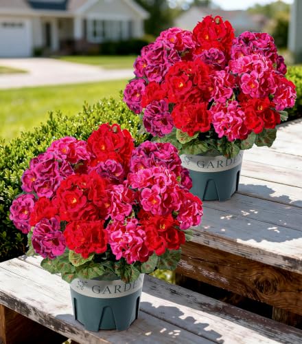 Geraniums Artificial Flowers for Outdoors, 2 Pack Potted Plants Faux Geraniums Bush Artificial Topiaries Realistic UV Resistant Fake Flowers Greenery for Outside Gardens Porch Patio Yard Indoor, Mix