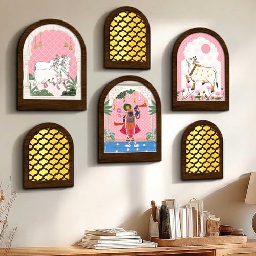 Image of Jharokha MDF Mirror for Home Decor | MDF Traditional Mirrors for Home Decoration | Wall Mirror Decor Hanging for Living Room Bedroom Office Set of 6 (9x12 inch & 7.5x9.5 inch)