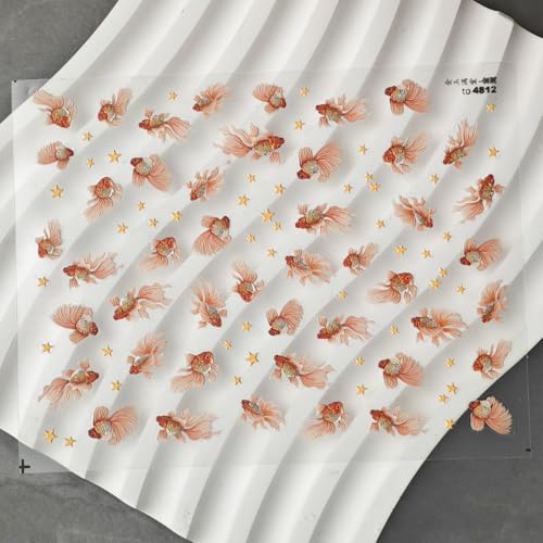 Image of Goldfish Nail Art Stickers 5D Embossed Nail Decals Chinese Style Design Star Koi Fish Nail Stickers Manicure Supplies Charm for Women Girls DIY Decorations Accessories