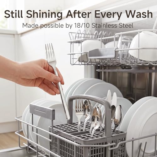 Image of KINGSTONE 65 Piece Silverware Set with Serving utensils, Flatware Set for 12, 18 /10 Stainless Steel Cutlery Set Mirror Polished Modern Design Dishwasher Safe