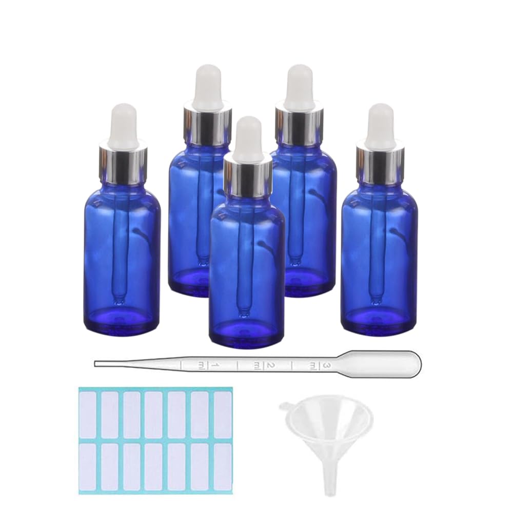 SKYPRO 5 Pack Blue Glass Dropper Bottle with 1 Funnels & 1 Dropper & 14pcs/sheet small bottle stickers 30ml Glass Bottles for Essential Oils, Liquids - Silver Cover