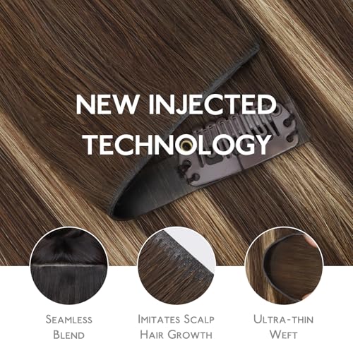 Image of WENNALIFE Invisible Edge Seamless Clip in Hair Extensions Real Human Hair | 18'' 130g 7pcs Balayage Chocolate Brown to Caramel Blonde. Thin PU Weft, Easy, Comfort Clip in Remy Hair Extensions