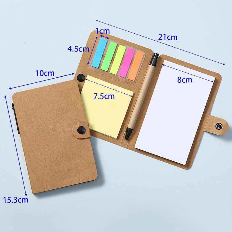 Image of AccuPrints Compact Sticky Notes Organizer with Pen Holder Kraft Paper Cover Colorful Sticky Tabs Button Closure 15.3x10cm