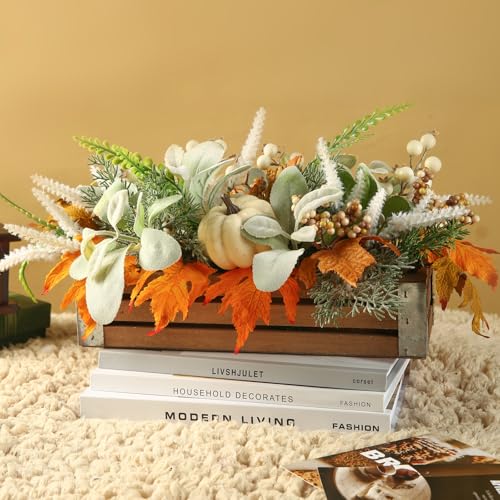 Image of Thanksgiving Potted, Eucalyptus Berries Pumpkins Lamb Ears Leaves Autumn Pots for Centerpiece Table Decor, Fall Decor, Home Coffee Table Dining Room Office Kitchen (D)