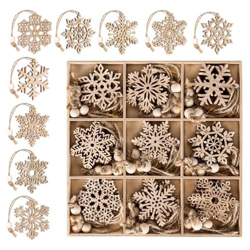 36Pcs Wooden Snowflakes Christmas Ornaments, Christmas Tree Hanging Decorations 2 Inches Snowflakes Shaped DIY Crafts Gift Tags with Rope