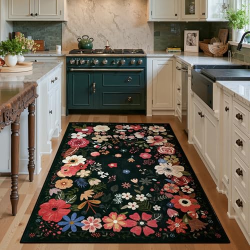 Tapete floral negro 3x5 pies bajo pelaje Vasofe miniatura 4