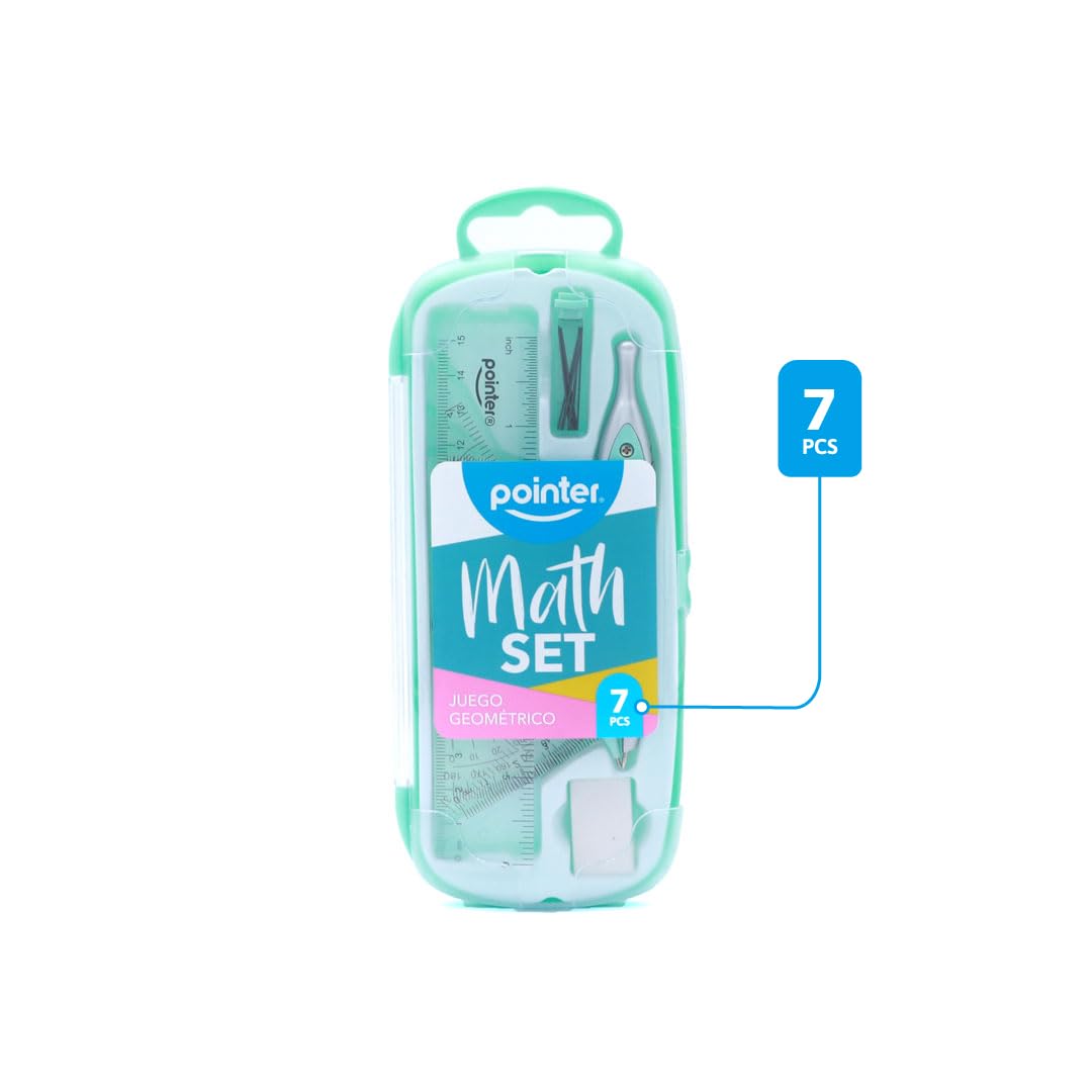 Pointer Mathematik-Set, 7-teilig, Geometrie-Set, inklusive Kompass, Lineal, Winkelmesser und mehr, 1 zufällige Farbe von 3, Schulanfangs-Geometrie-Set für Schüler