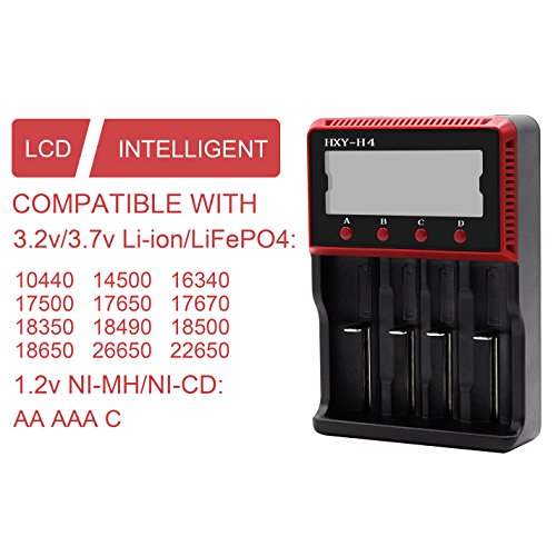 SVPRO LCD Display Battery Charger for AA AAA C Ni-MH Ni-CD Rechargeable Batteries 18650 26650 10440 14500 Li-ion LiFePO4 with Adapter Charger and Car charger (4 Slot)