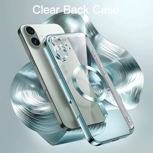 Image of Elzzi Electroplated Transparent Clear Logo Back Cover for iPhone 16 Plus, TPU Cover, Magsafe Compatible, Full Body & Individual Camera Protection for Each Lens Bumper Cases for Men, Women (Green)