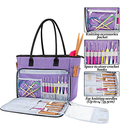 Curmio Yarn Storage Bag, Knitting Bag For Wip Project, Crochet Hooks, Knitting Needles(Up To 14"/35.5Cm) And Yarn Skeins, Purple(Bag Only) #TOP2