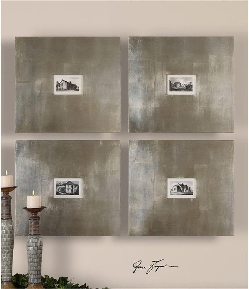 BOWERY HILL Historical Buildings Framed Artwork, Set of 4, Champagne Silver Leaf Frames, MDF Material, 21.13" x 23.13", Indoor Wall Decor for Living Room or Office