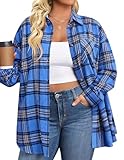 IN'VOLAND Womens Plus Size Button Down Flannel Shirts Long Sleeve Plaid Shackets Business Casual Blouse Top Blue Black