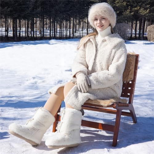 ZHENAIYISHENG Black White Fur Boots, Furry Fuzzy Snow Boots for Women with Faux Fur Lined Non-Slip Lace-up Mid-Calf Ski Boots 2025 (beige, 8, 9) - Thumbnail 2
