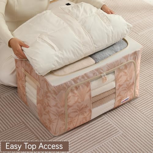 Image of HOKIPO 88L(XL) Wardrobe Organiser for Storage of Clothes, 600D Oxford Fabric Storage Box, Beige Botanica Pack of 1 (AR-6487-BGE)