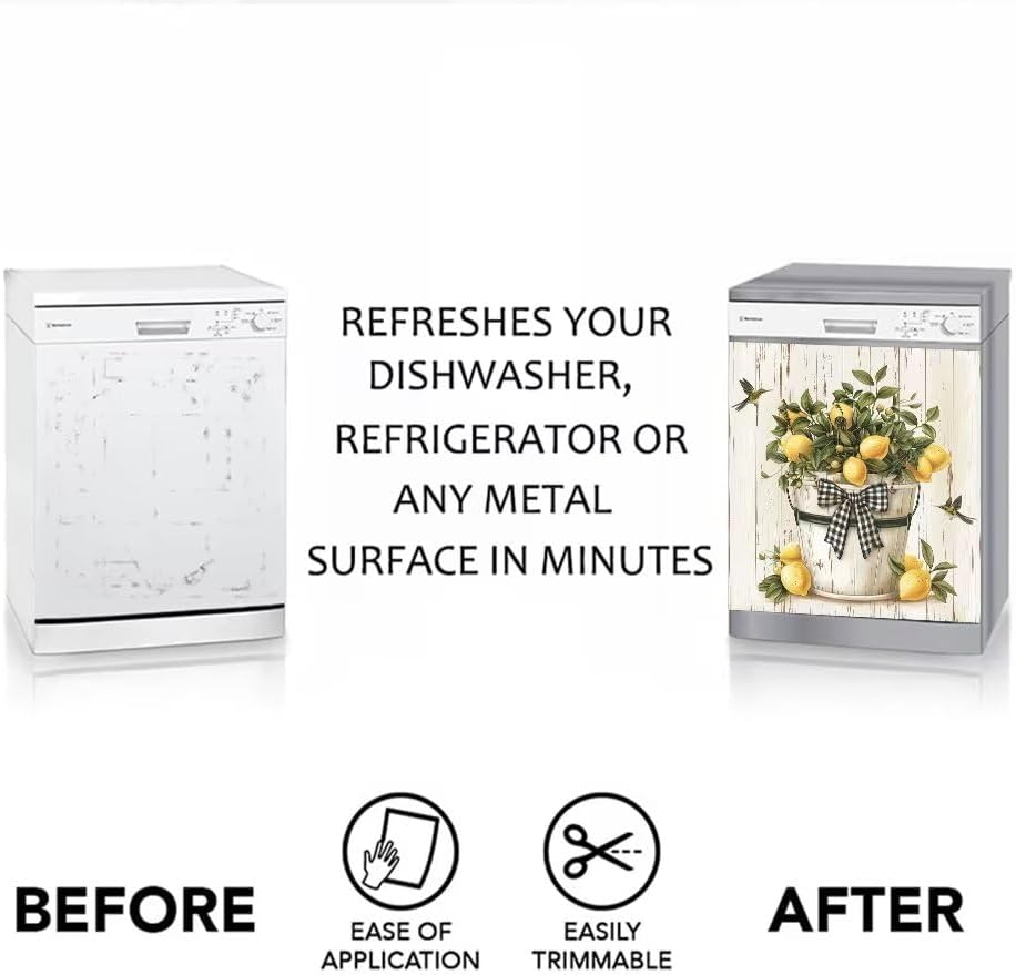 Flowerpot Lemon Dishwasher Magnet Decorative Cover,Bird Refrigerator Door Magnetic Decal Panel,Farmhouse Kitchen Decor Appliance Vinyl Sticker,23" x 26" Magnetic