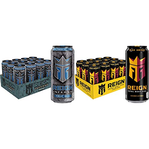 Reign Inferno True Blu, Thermogenic Fuel, Fitness and Performance Drink, 16 Ounce (Pack of 12) & Total Body Fuel, Lilikoi Lychee, Fitness & Performance Drink, 16 Fl Oz (Pack of 12)