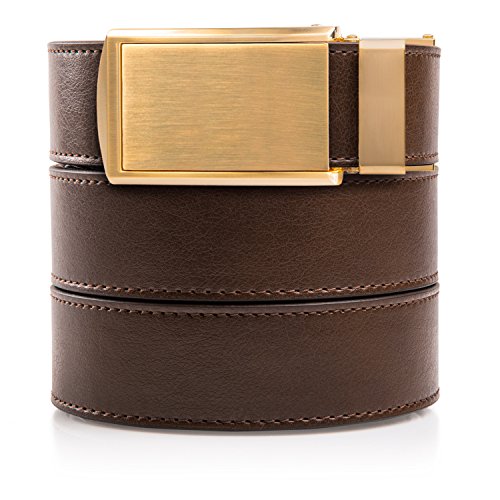SlideBelts Mens Vegan Leather Belt without Holes - Brushed Gold Buckle/Mocha Brown Leather (Trim-to-fit: Up to 48 Waist)