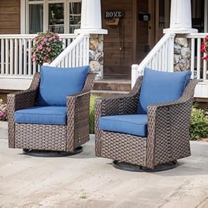 Outdoor Swivel Rocker Patio Chairs Brown Rattan Patio Wicker Chair Outdoor Swivel Glider Patio Swivel Rocking Chairs Set of 2 for Deck Yard Porch Balcony Garden Brown Wicker Blue Cushion