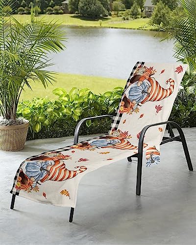 Thanksgiving Plaid Beach Chair Towel Covers for Chaise Lounge with Side Pocket, Soft Plush Pool Towels Cover for Patio Sunbathing Outdoor 29''x85'' Buffalo Check Gnomes Pumpkins Black Beige