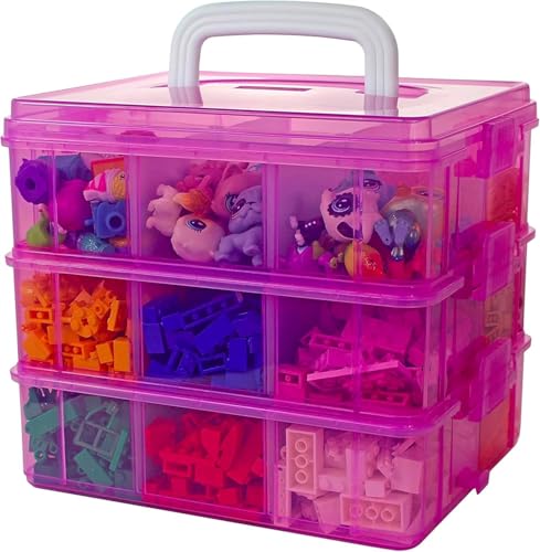 Image of UCRAVO Pink Storage Organizer 3 Layer with 18 Grid Earring Storage Box, Portable Jewelry Craft Accessories Storage Box Basket Container with Collapsible and Removable Dividers Visible for Accessories