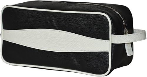 Leather Sports Beauty Case Toiletry Bag Golf Accessories Bag Handmade to Order in Italy, Soft Waterproof Pebble-Grain Leather (BlackWhite)