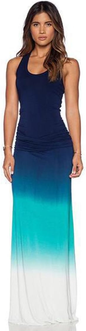 Fashion Women Gradient Printed Dress Summer Maxi Beach Dress for Holiday (L) Blue