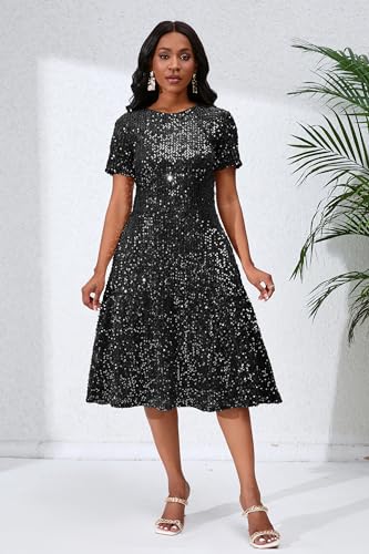 Image of Sequins Glitter Short Sleeve Women's Maxi A-line Dress - Sparkly Party Elegant