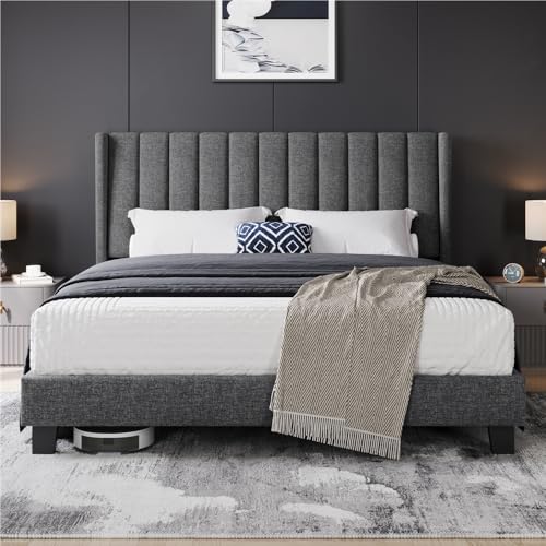 Yaheetech Lit Double Rembourré 160x200 cm avec Sommier à Lattes, Cadre de Lits Moderne pour Adultes 2 Personnes, Tête de Lita à Rayures en Bois et Métal,...