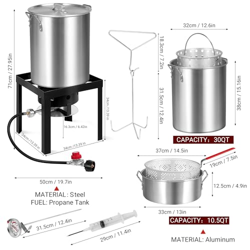 Image of 30QT Turkey Fryer & 10QT Fish Fryer Kit with Baskets and 50,000 BTU Propane Burner Stove, Ideal for Party, Courtyard & Outdoor