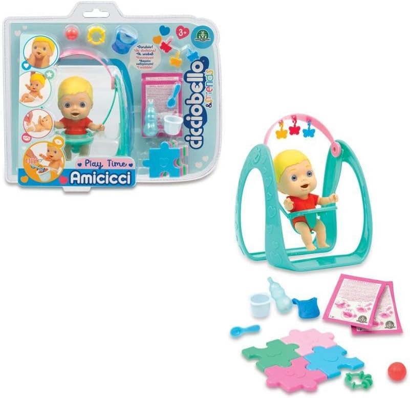 CCB Amicicci Hora de Jugar, Muñeco bebé Mini Blando y Divertido, con un pañal de Colores, con Varios Accesorios, para niñas Desde 3 años