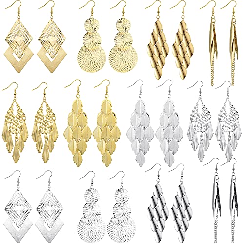 Hicarer 12 Pairs Drop Dangle Earrings Set Bohemian Long Fringed Metal Vintage Statement Earring for Women Mother's Day Gifts
