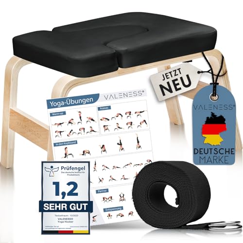 VALENESS® Yoga Kopfstandhocker - Hochwertiger Yoga Hocker inkl. Yogagurt, Yogablock & Übungsposter - Yoga Stuhl zur Handstand-Übung aus massivem Naturholz - Yoga Ausrüstung für Zuhause (Schwarz)