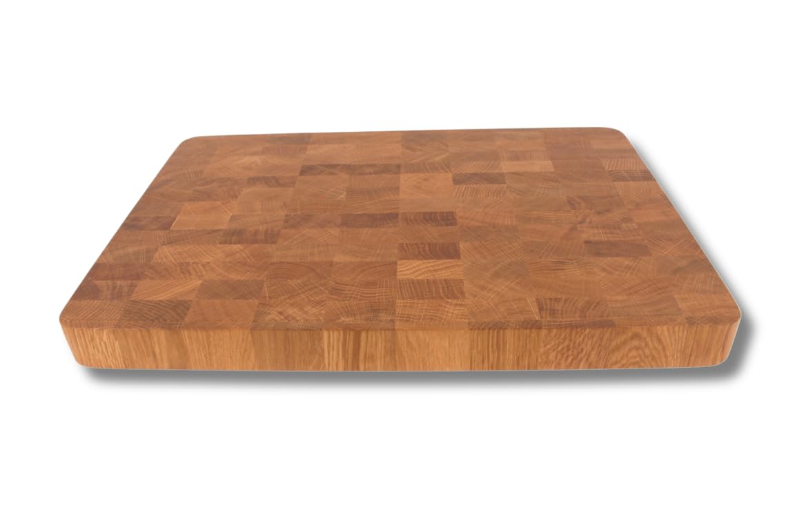 EFO Schneidebrett Holz 50x35x4 cm | Stirnholz Küchenbrett aus Eiche –messerschonend und langlebig | Zweiseitiges Schneidebrett mit praktischen Griffen | Holzbrett groß für Küche mit abgerundeten Ecken