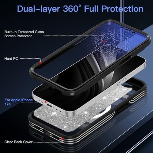 Hekodonk for iPhone 17e Case, Compatible with Magsafe [Built-in Tempered Glass Screen Protector & Camera Lens Protection] Full Body Shockproof Protective Women Girl Bling Case,Black Glitter by Hekodonk - Used condition - Image 3