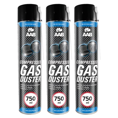 3 x AAB Bombe Air Sec 750ml, Bouteille Air Comprimé, Nettoyage des Ordinateurs, Dépoussiérant en Spray, Enlever la Poussière, sans Odeur Aérosol, Computer Cleaner, Informatique Matériel