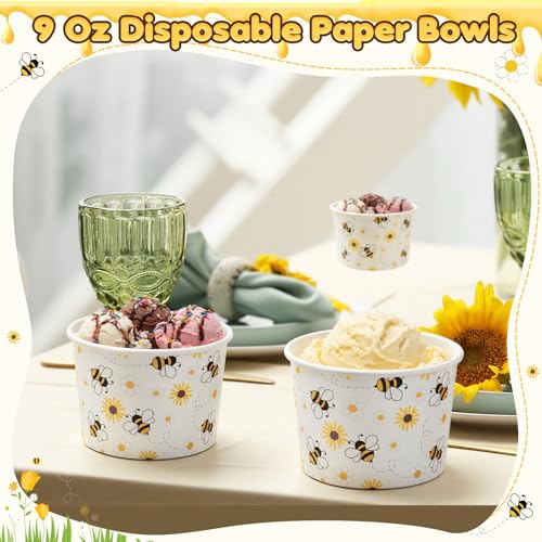 Image of Funnymoom 50 Pack Bee Ice Cream Cups 9 oz Bees Daisy Disposable Dessert Bowls Bee Paper Soup Bowls Snack Cups for Hot or Cold Food for Summer Baby Shower Birthday Party Supplies